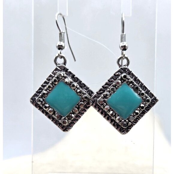 Square Dangle Earrings, Turquoise Colored Center Stone WIth Marcasite Accents - Picture 1 of 1